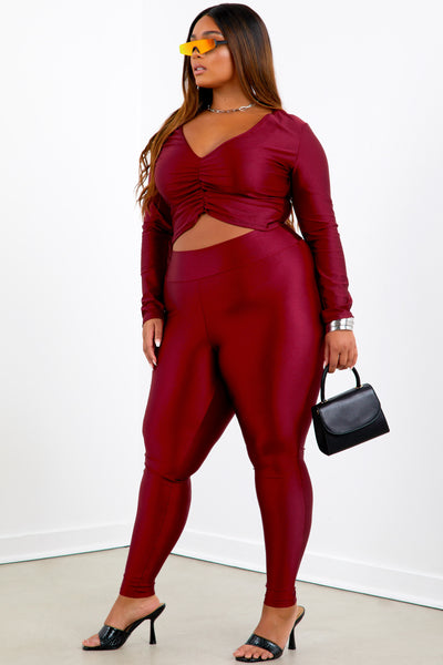 burgundy shiny leggings