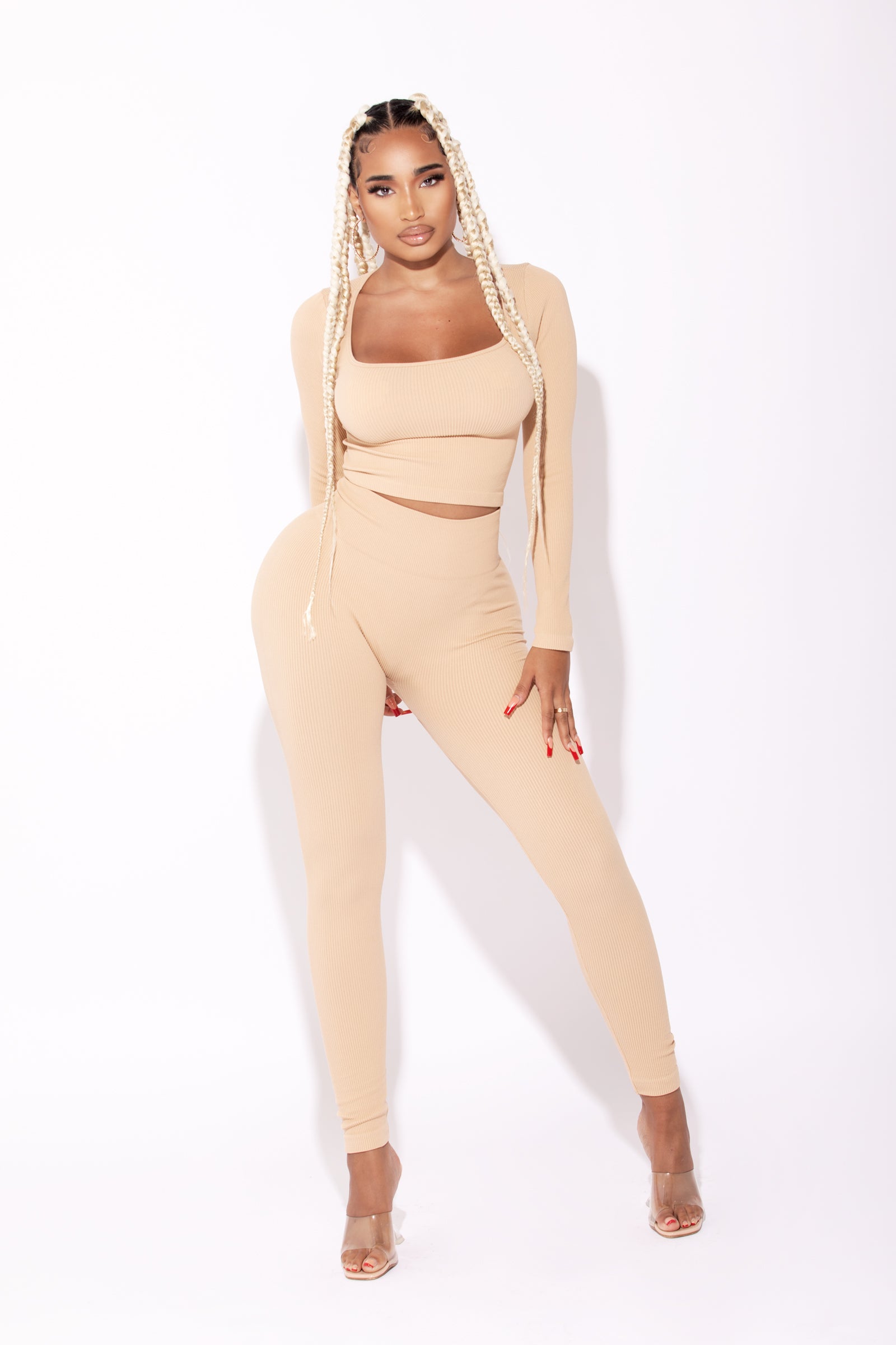 Nude Deep V Neck Bralette & Legging Set - sosorella