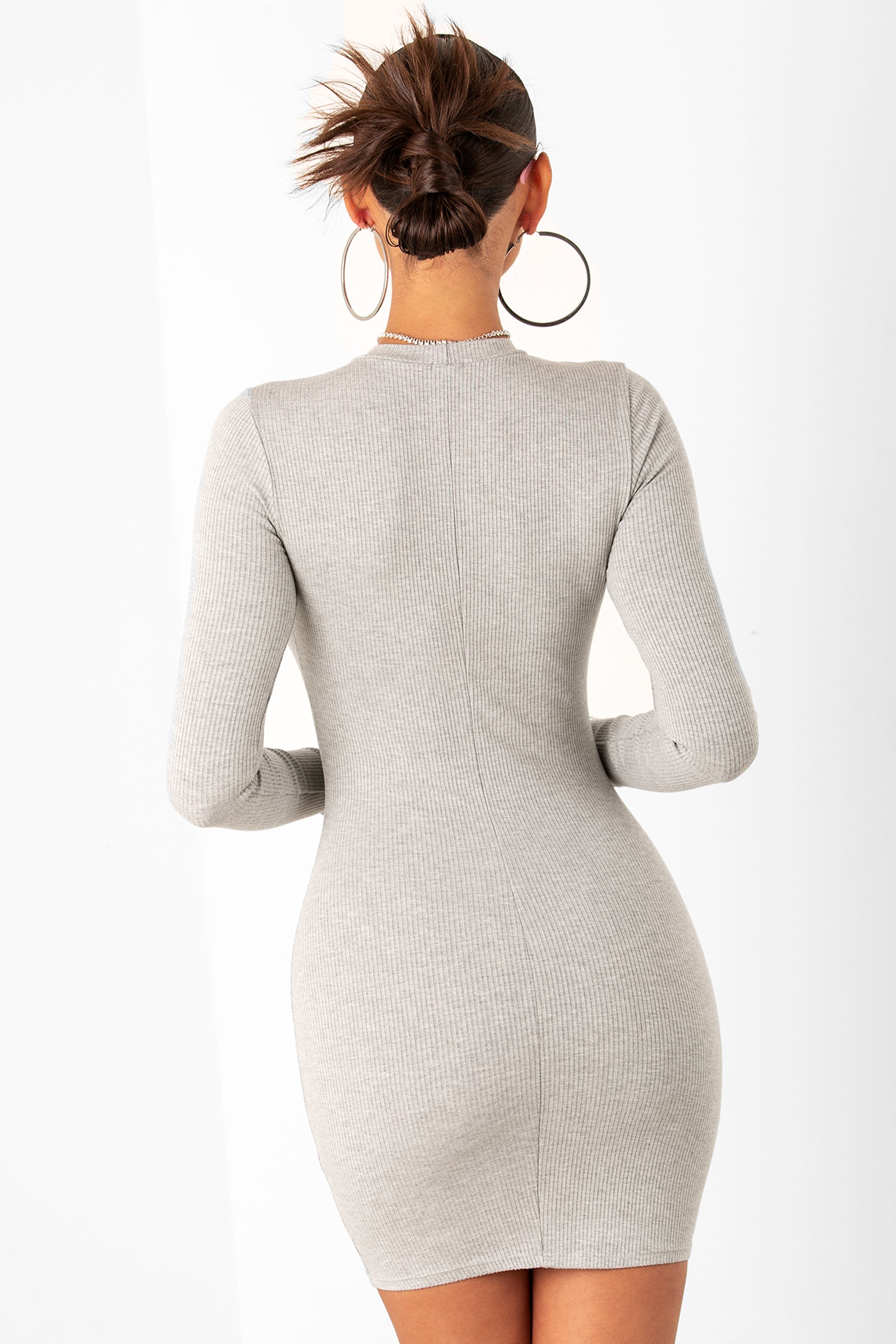 Grey Ribbed Long Sleeve Dress - sosorella