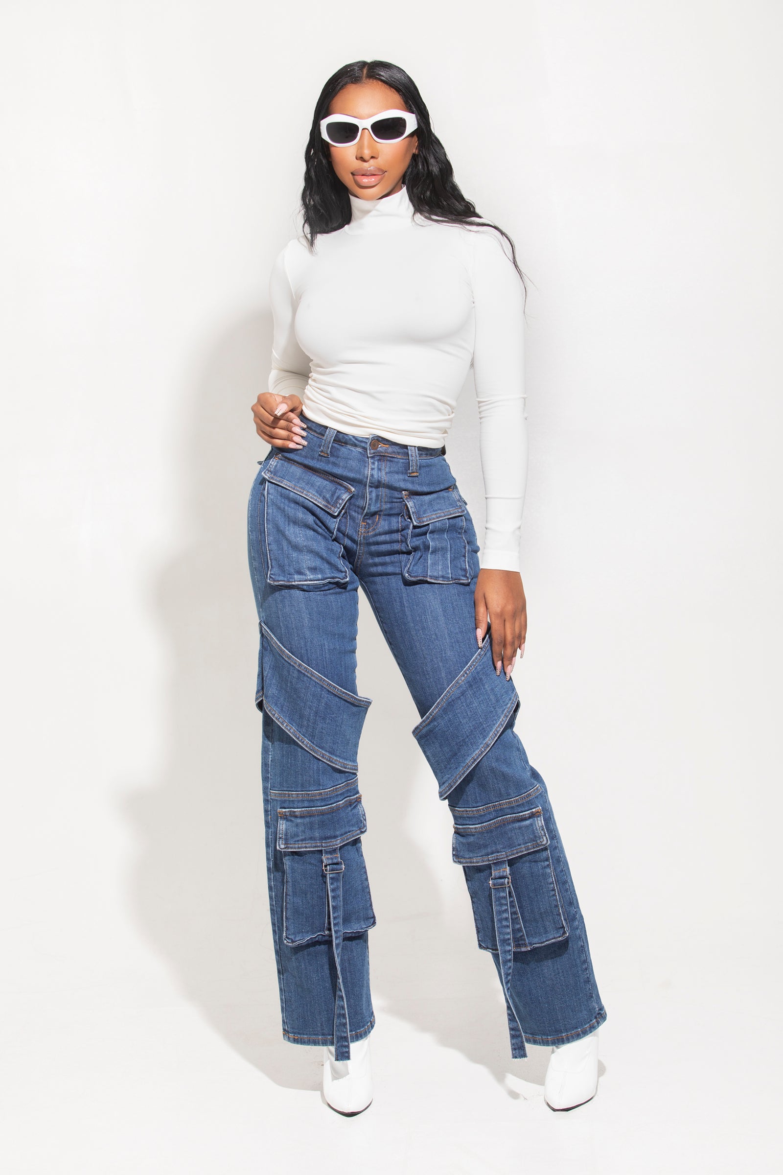 Denim Flare Cargo Jeans - sosorella