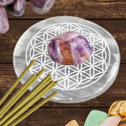 Selenite Flower of Life Crystal Charging Plate & Incense Holder