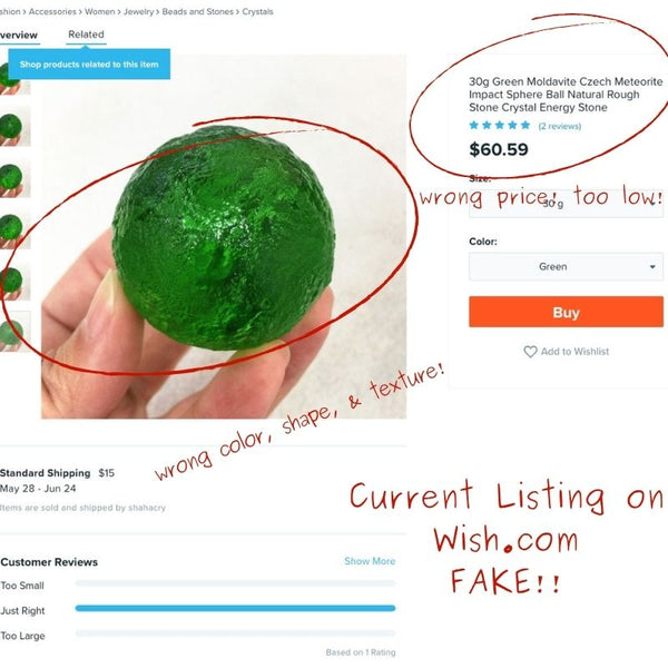Current Listing on Wish for Fake Moldavite Wrong Color and Price too Low