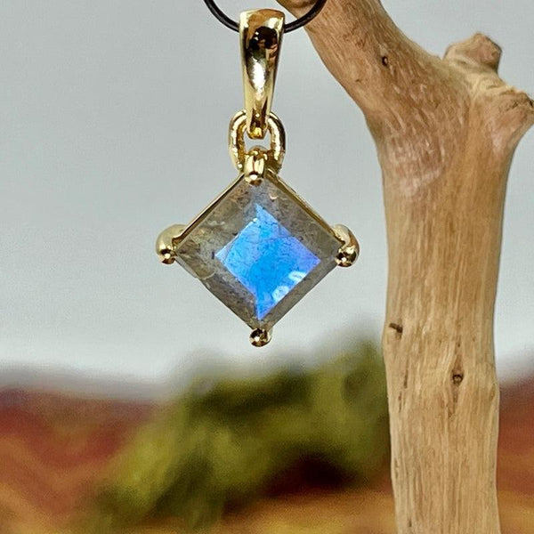 Upside down sterling crescent moon pendant with faceted labradorite