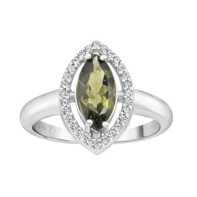 Moldavite Faceted Heart & Cubic Zirconia Ring || .925 Sterling