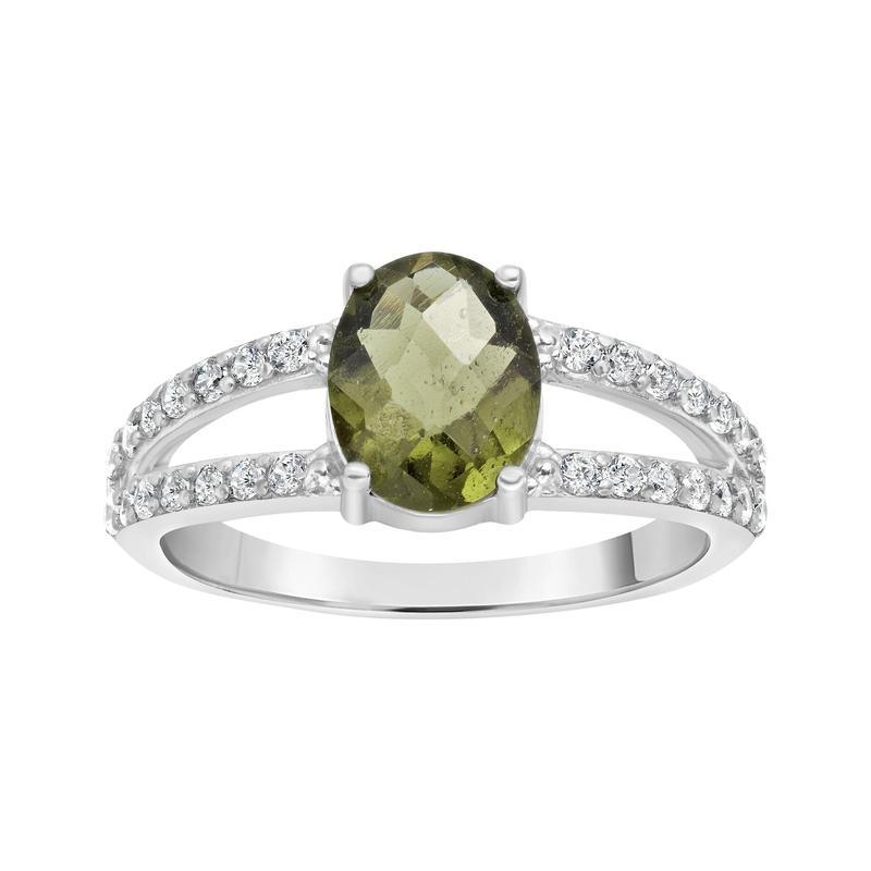 Moldavite Faceted Heart & Cubic Zirconia Ring || .925 Sterling