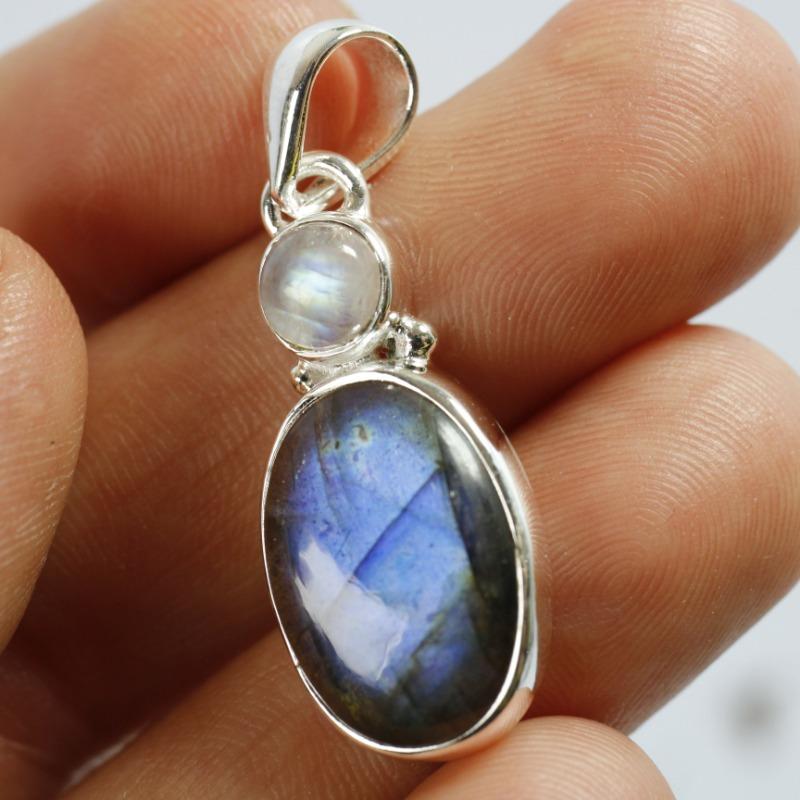 Round Rainbow Moonstone Rhodium Over Sterling Silver Bunny Necklace