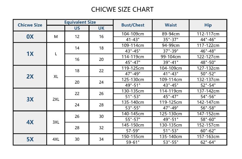 Chicwe Size Chart