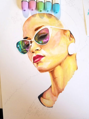 Drawing a portrait with sketch markers and skin tone markers