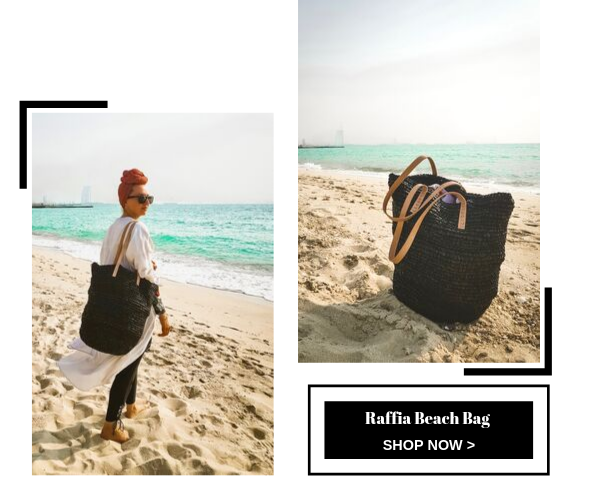 Modest fashion blogger modestly wrapped with the Raffia beach tote bag