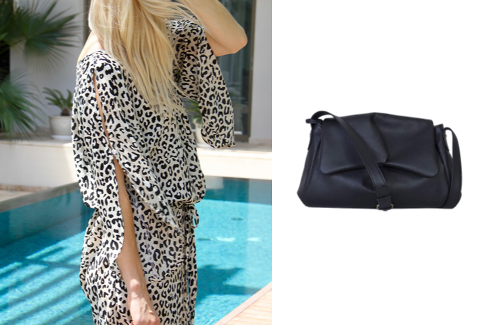 Leopard print split sleeve summer cover up dress and Sui leather handbag 