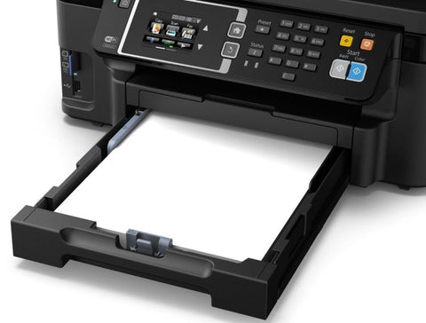 Epson Workforce WF-3620DWF printer showing large 250 sheet paper tray.