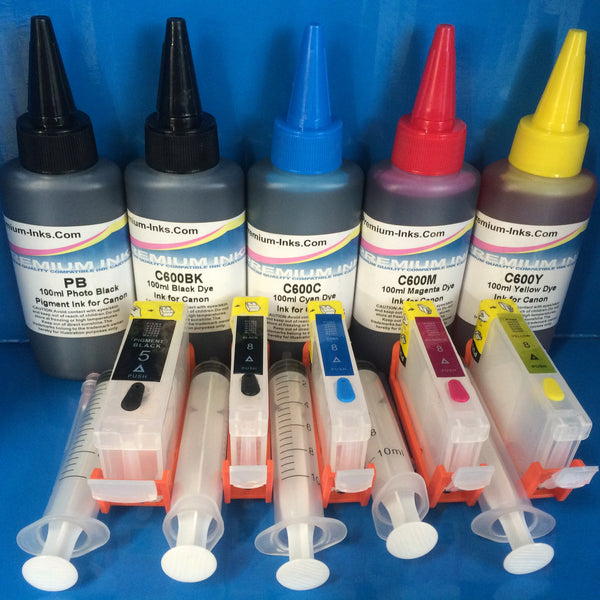 5 REFILLABLE CARTRIDGES + 500ml PIGMENT/DYE REFILL INK FOR ...