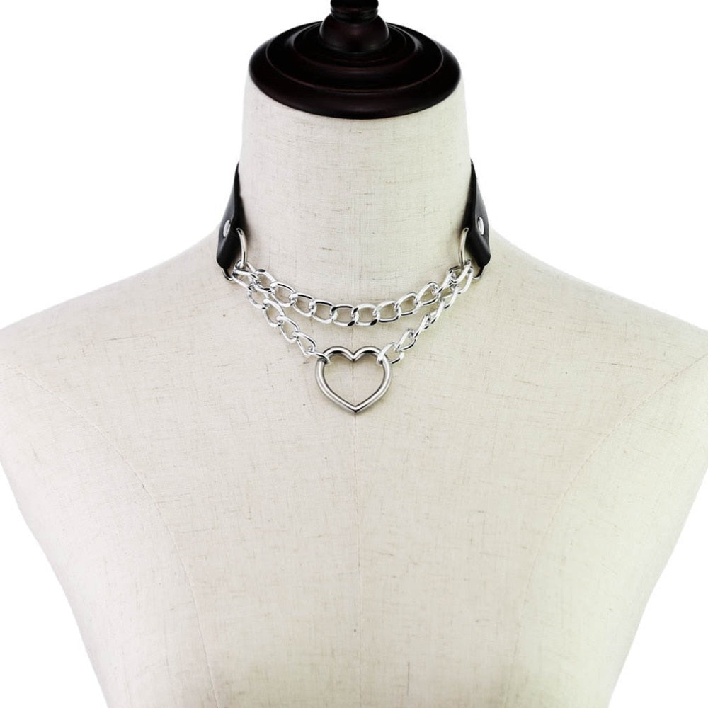 Gothic Leather Heart Chain Choker 