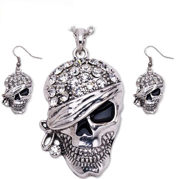 Punk Rock Rhinestone Skull Necklace Earrings Set Skull Obsessed