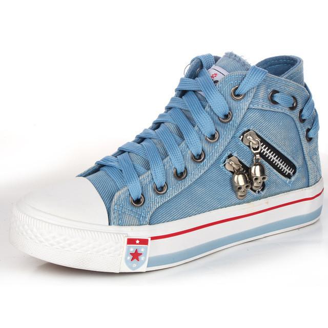 Ladies Denim Skull Zipper Shoes - Skull 