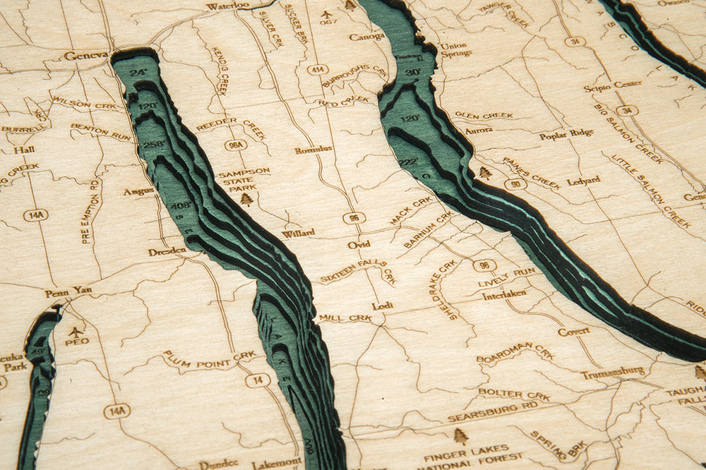 Cayuga Lake Topographic Map Finger Lakes 3-D Nautical Wood Chart, Medium, 13.5" X 31" – Woodchart