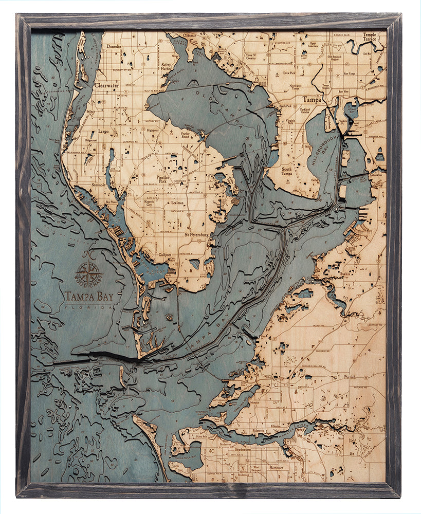 Tampa Bay, Florida 3D Nautical Wood Chart, Large, 24.5" x 31" WoodChart