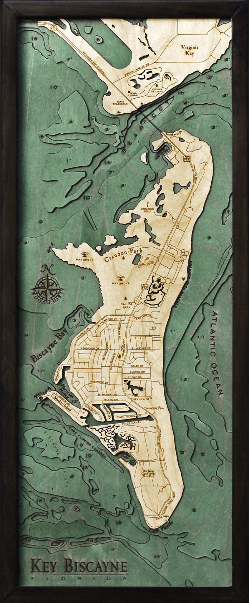 Key Biscayne, Florida 3D Nautical Wood Chart, Medium, 13.5" x 31