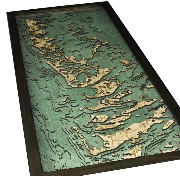 Florida Keys, Florida wood chart map made using green and natural colored wood on white background with dark frame laying flat