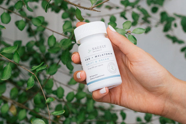 A hand holding a bottle of Sagely Naturals Drift & Dream CBD + Melatonin capsules in front of a green leafy background.