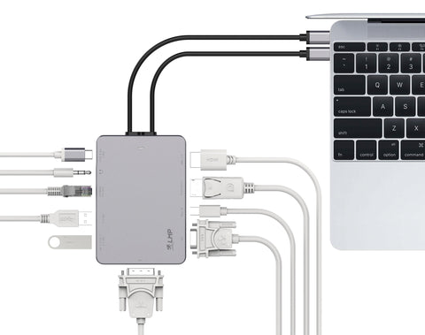 USB-C HDMI, Mini-DP, DP, DVI, VGA, Gigabit Ethernet, 2x USB 3.0, Audio out