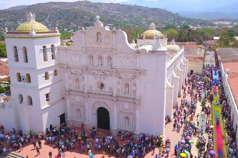 Comayagua Cathedral Holy Week celebration with colorful sawdust carpets