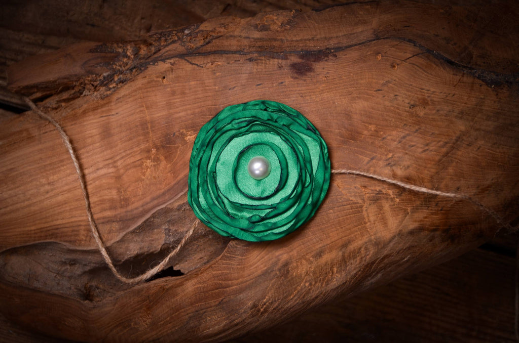 Satin Flower Headband - Dark Green