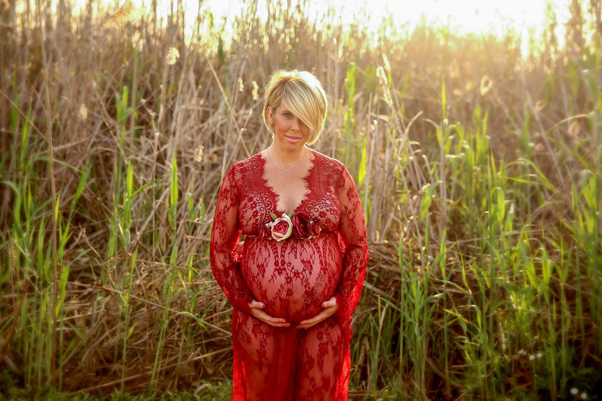 Lace Long Sleeve and Chiffon Dress - Open Belly