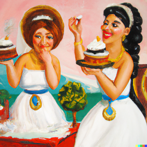 greek women eating cakes, happy and laughing