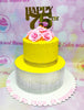 Celebrate your Grandparents' 75th Birthday with this Customized 2-Tier Fifty Cake with Gold and Silver Icing and Yellow Accents.