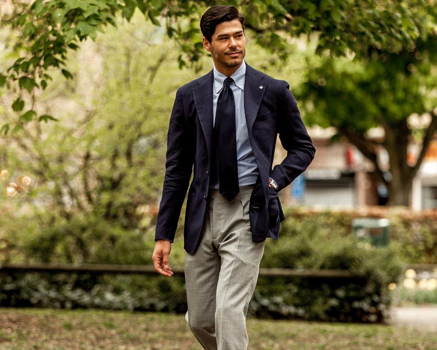 Blue tie and Blazer with grey trousers