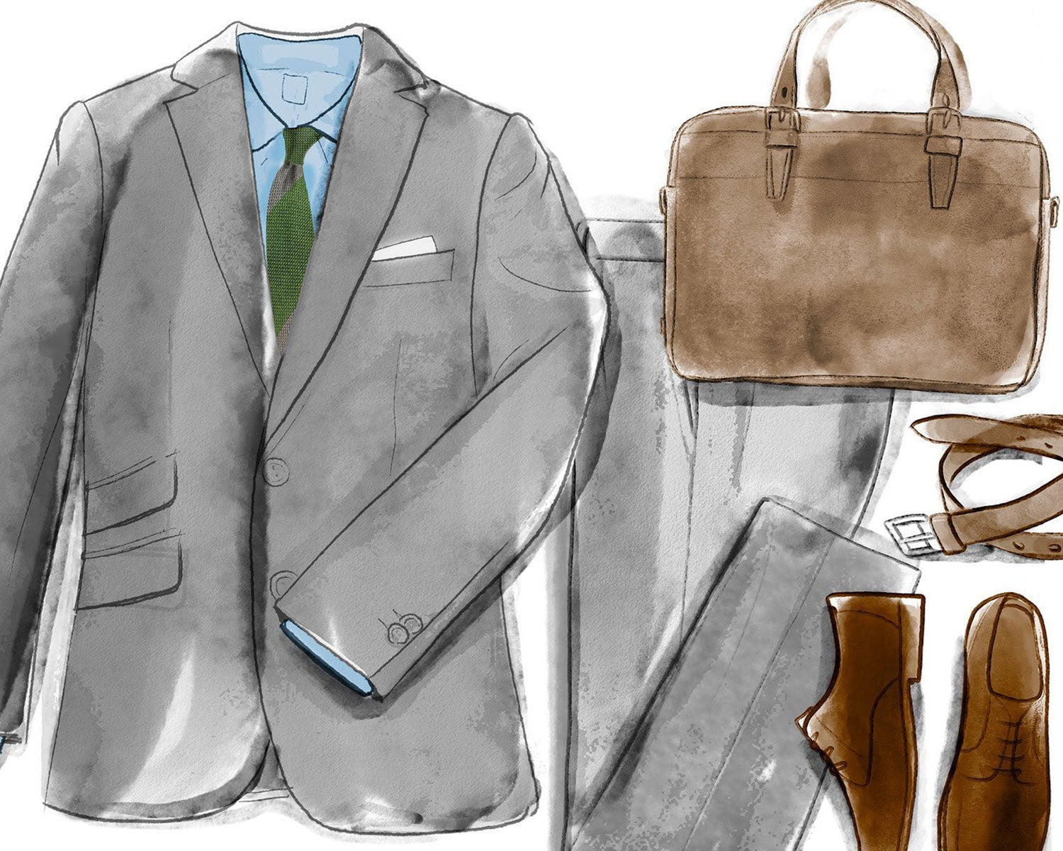 Illustration of a grey suit with green tie, shoes and bag