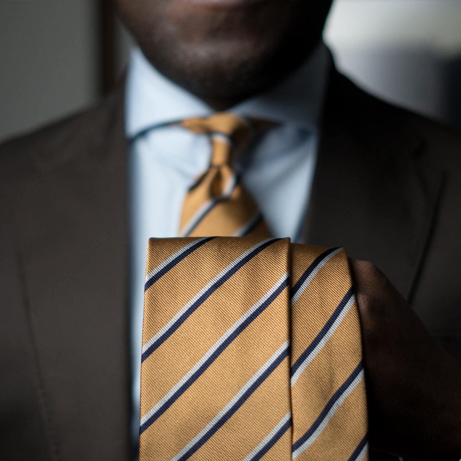 Navy Blue and Grey Striped Mustard Yellow Tie