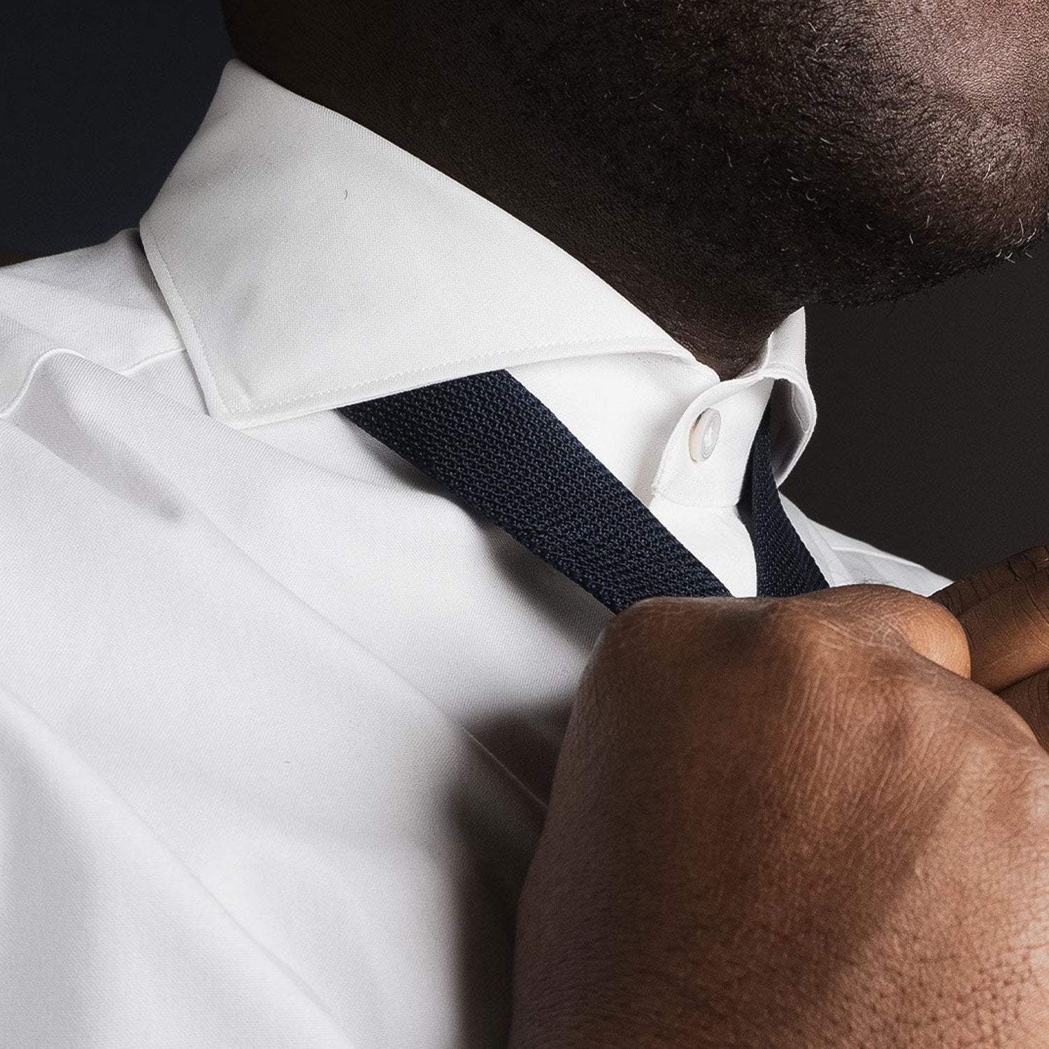 Crisp white shirt with Navy Grenadine Tie