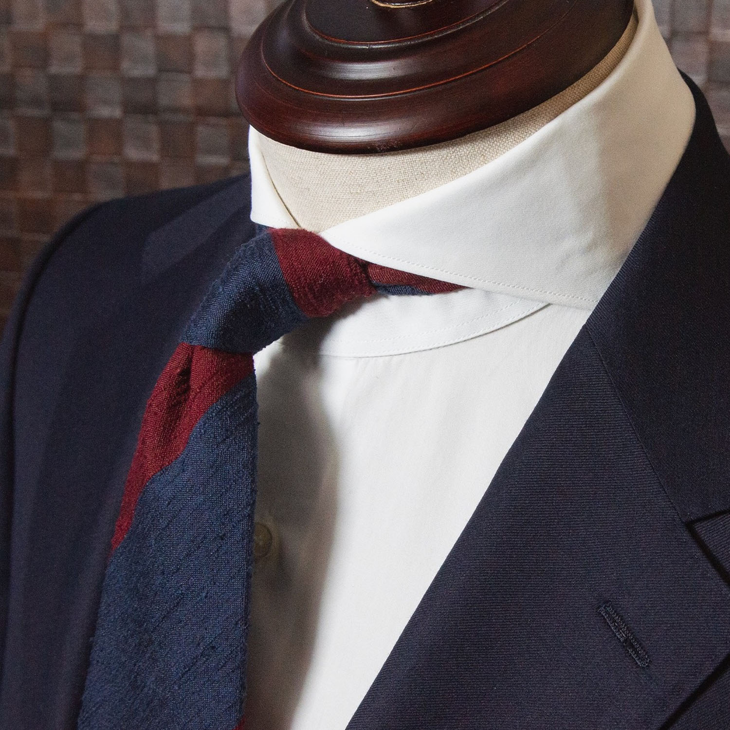 Navy Blue and Burgundy Block Striped Shantung with Navy Suit