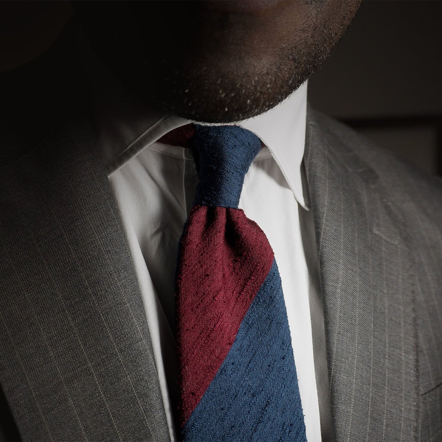 Navy Blue and Burgundy Block Striped Shantung with striped Grey Suit