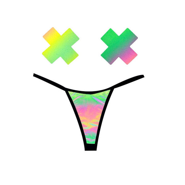 rainbow reflective g string and x pastie 2 pc set