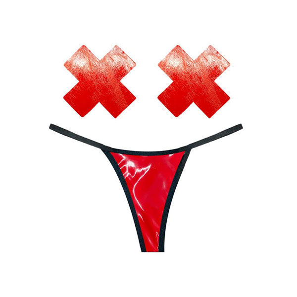 vixen red wet vinyl pastie 2 pc and g string set