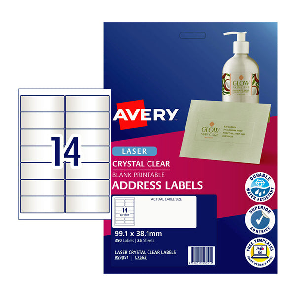 Avery Laser Label Clear L7563 14Up Pack Of 25