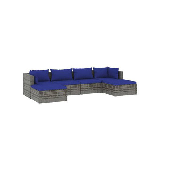 6 Piece Brown Garden Lounge Set Poly Rattan With Dark Blue Cushions