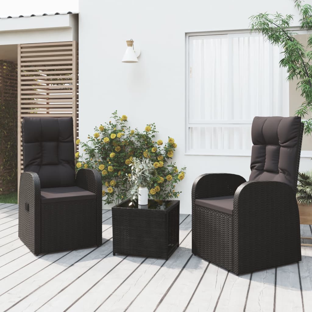 3 Piece Garden Lounge Set Black Poly Rattan and Steel