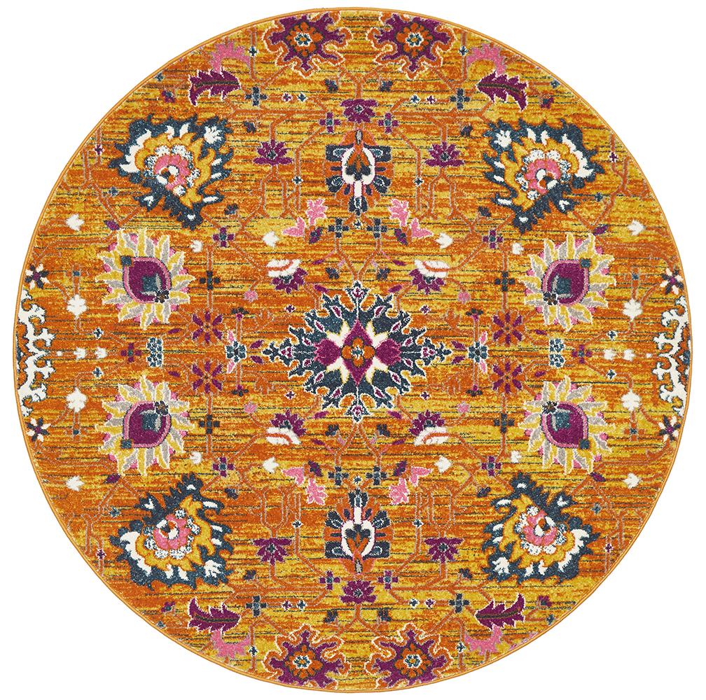 Babylon Round Yellow Floral Rug