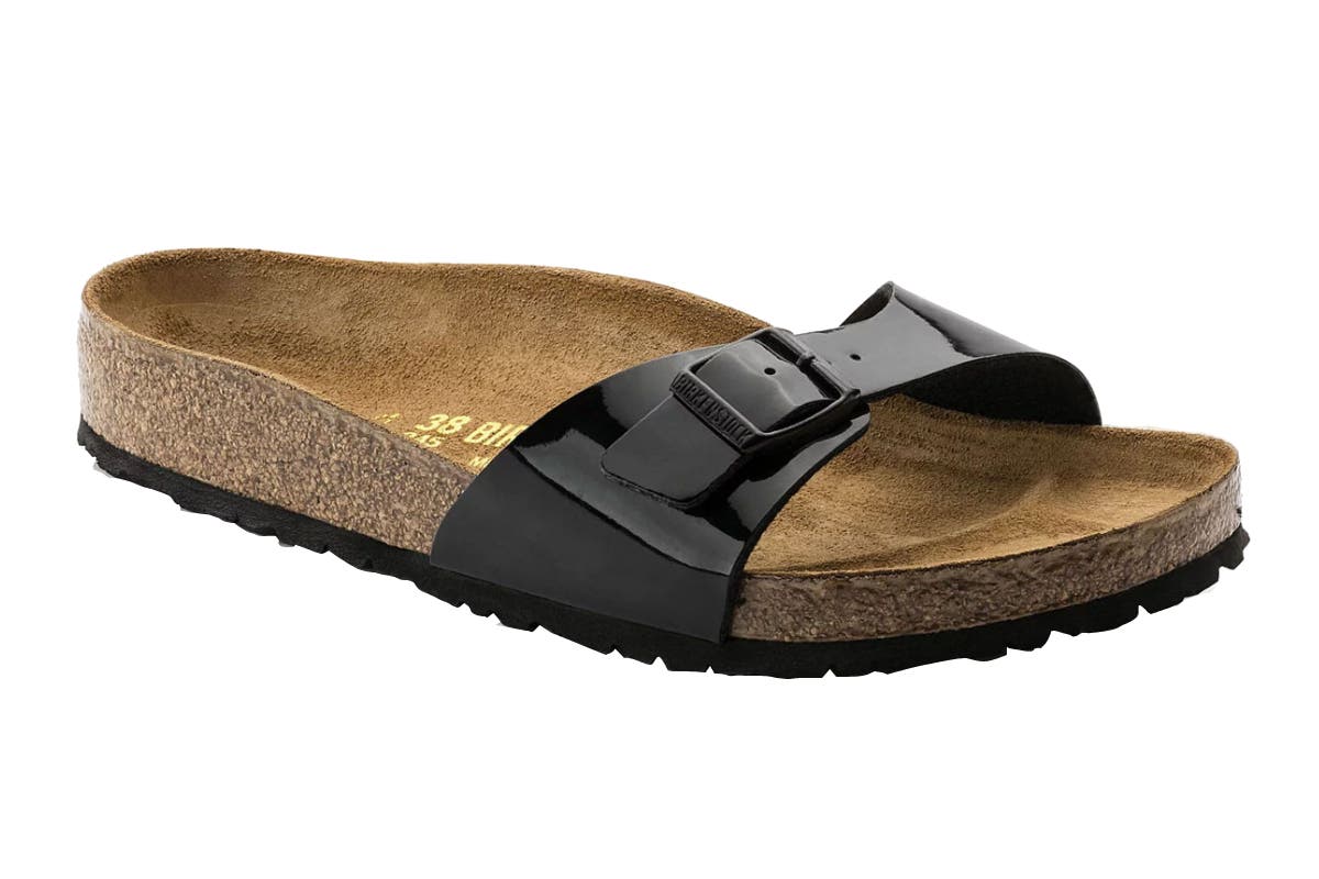 birkenstock unisex madrid birko-flor narrow-fit sandal (black patent, size 37 eu)