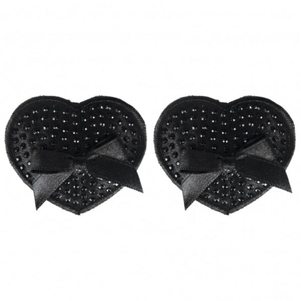 Black Satin Heart Pasties With Black Stone And Bow