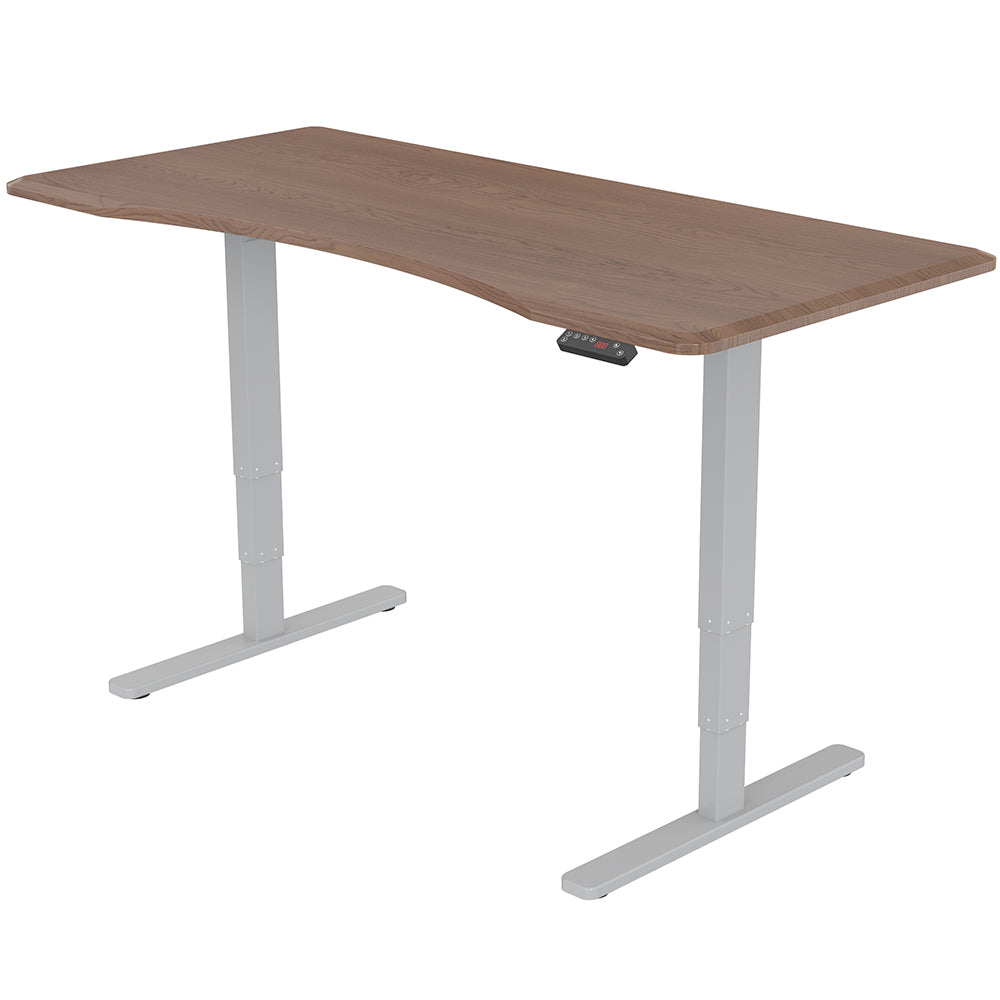 Sit To Stand Up Standing Desk, 160x75cm, 62-128cm Electric Height Adjustable, Dual Motor, 120kg Load, Arched, Walnut Style/Silver Frame