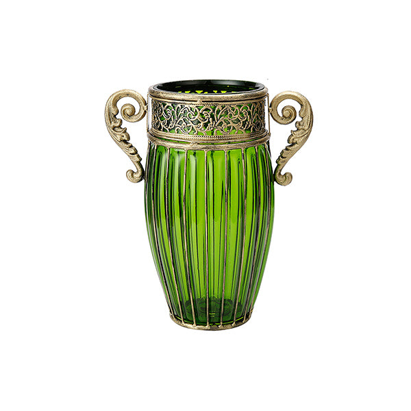 Green European Home Decor Jar Flower Vase With Two Metal Handle