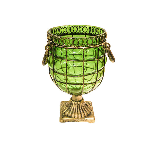 Green European Glass Jar Flower Vase Solid Base With Metal Handle