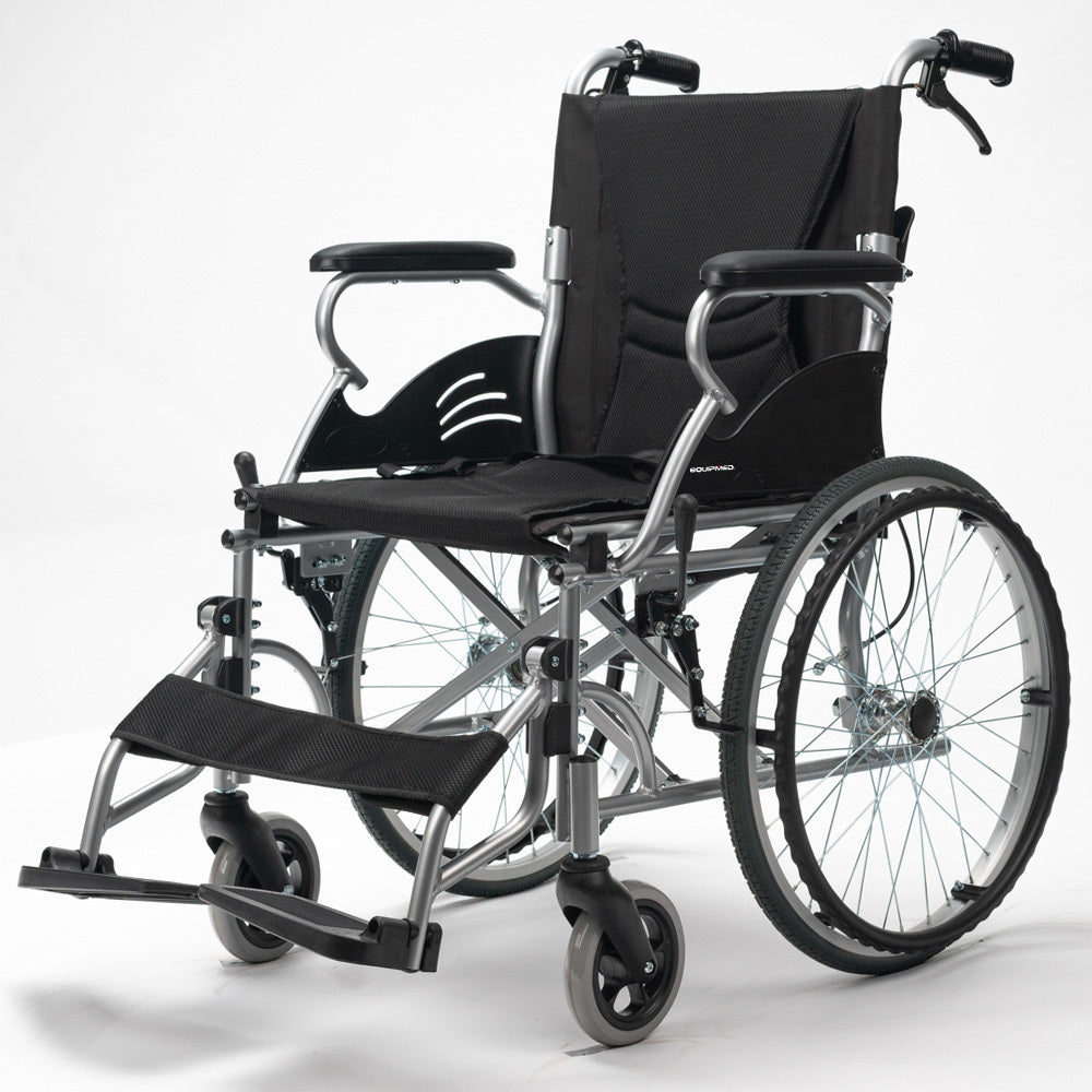Folding Aluminium Wheelchair, 20' Wheels, Park Brakes, 100kg Capacity, Black