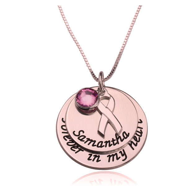 pink swarovski breast cancer necklace with engraved name