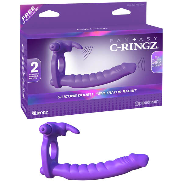 Silicone Double Rabbit Purple Vibrating Cock Ring With Anal Penetrator